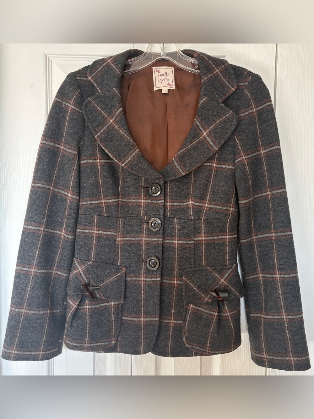 Nanette Lepore Plaid Wool Blend Tailored Blazer Jacket Gray 4 Small S